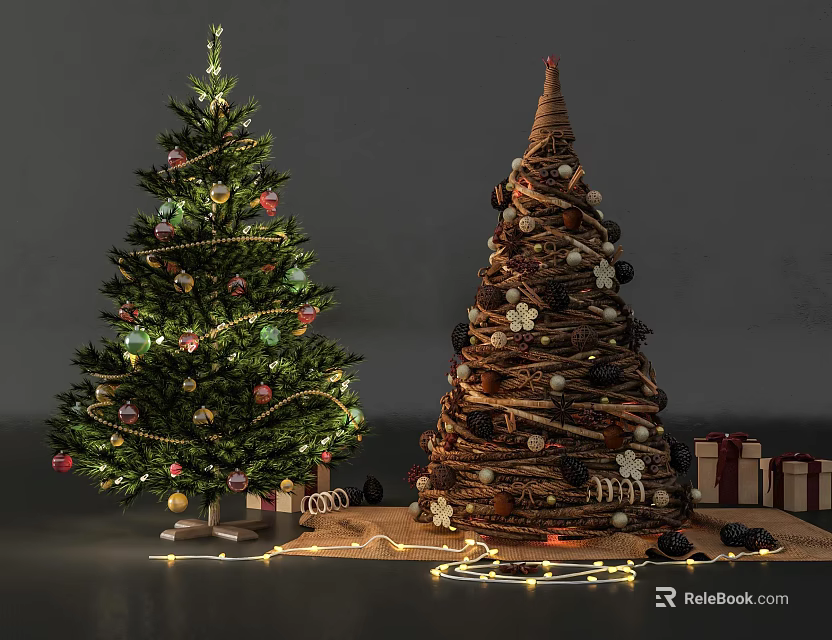 Traditional Evergreen Christmas Tree With Decorative Ornaments Gifts And String Lights 3d model 