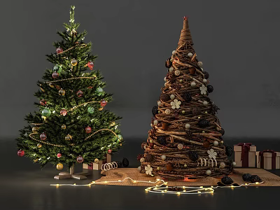 Traditional Evergreen Christmas Tree With Decorative Ornaments Gifts And String Lights 3d model