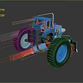 Blue Modified Tractor with Large Tires Red Jet Flames Brown Cylinder and Cartoon