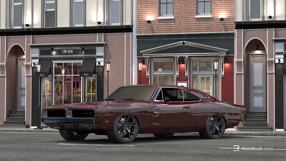 Burgundy Vintage Muscle Car Parked On Urban Street With Brick Buildings And Shopfronts 3d model 