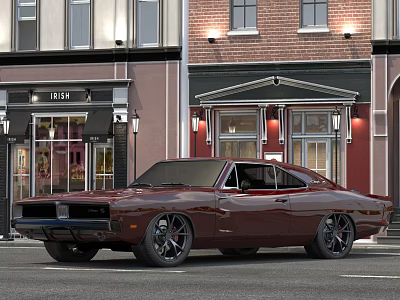 Burgundy Vintage Muscle Car Parked On Urban Street With Brick Buildings And Shopfronts 3d model