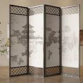 Modern Chinese Four Panel Room Divider Screen With Ink Landscape And Carved Frame