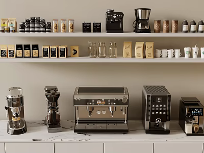 Kitchen Coffee Appliances Display With Espresso Machine Grinder Mugs And Storage Jars 3d model