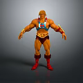 Muscular Blonde Man In Blue Red Outfit With Arm Cuffs And Red Boots