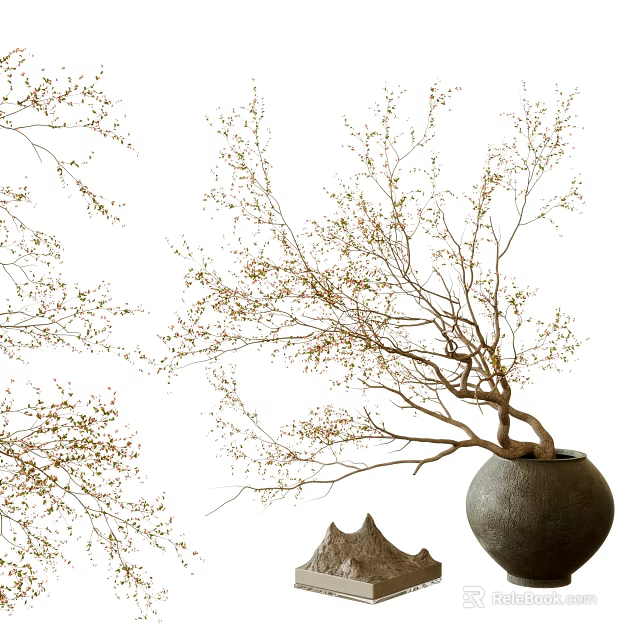 Natural Style Dark Vase with Green Brown Branches and Small Decorative Ornament 3d model 