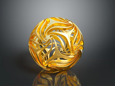 Golden Hollow Sphere With Intricate Flowing Patterns On Dark Background And Reflection 3d model