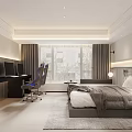Hotel Guest Room With Comfortable Bed Checkered Headboard Background Soft Lighting Gray Bench And Rug