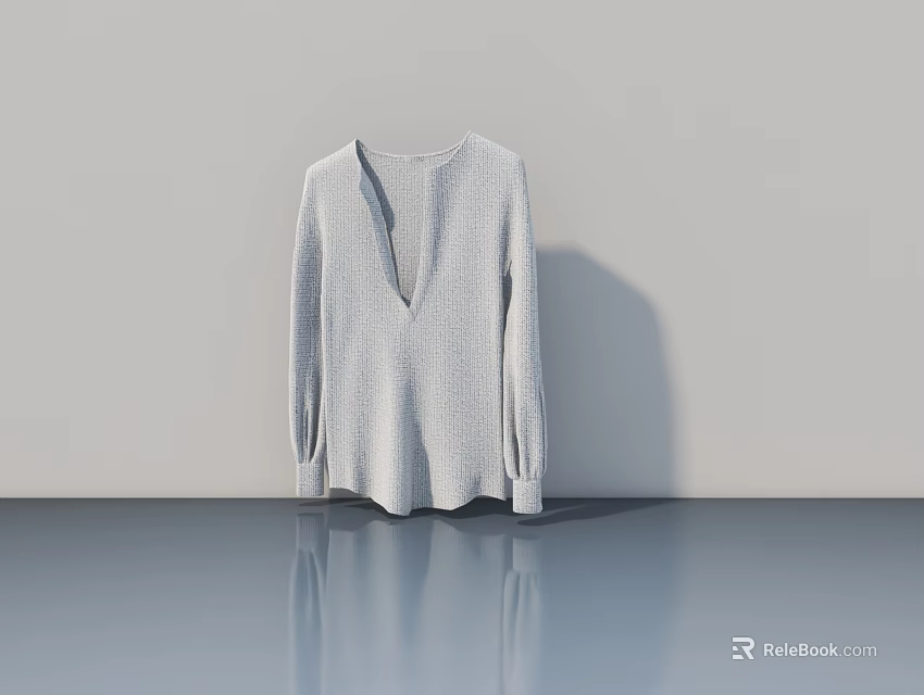 Gray Long Sleeved Knitted Sweater on Gray Background with Reflection 3d model 