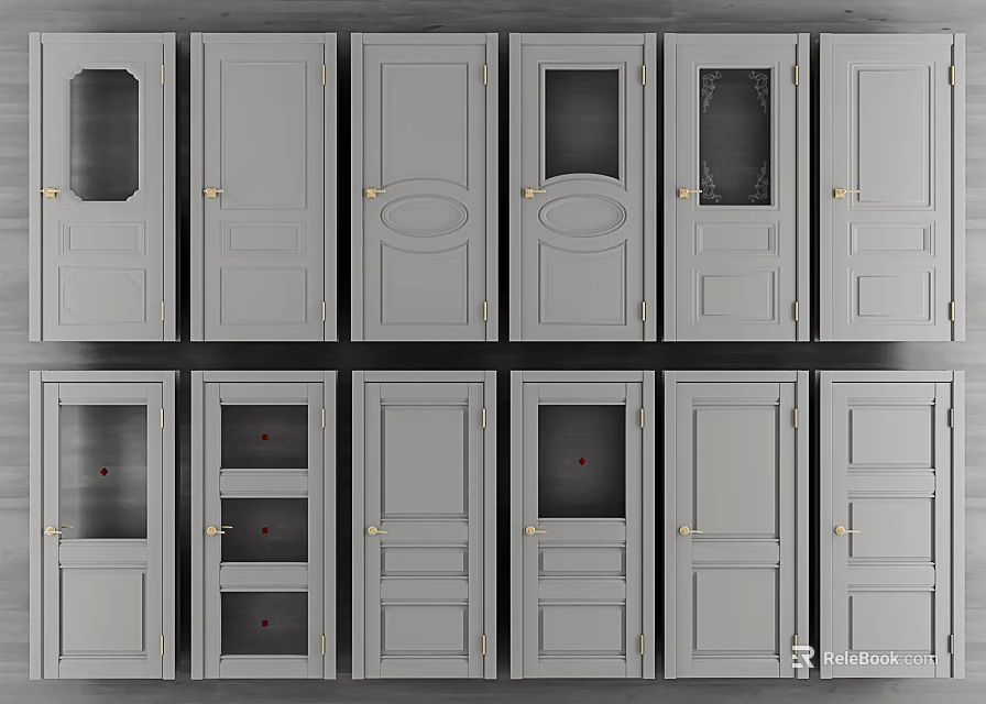 Interior Hinged Doors In Various Designs With Glass Panels And Metal Handles 3d model 