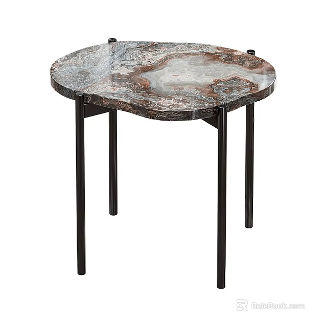 Marble Top Side Table With Black Metal Legs And Veined Modern Design 3d model 