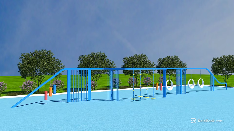 Blue Playground Equipment With Green Grass Trees Colorful Poles Circular Rings And Swings 3d model 