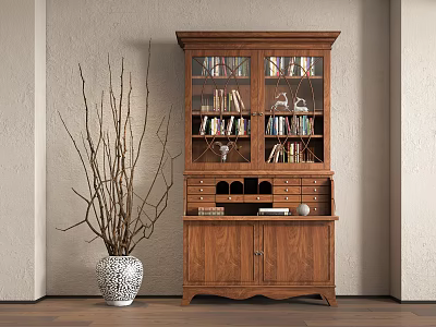Traditional Wooden Display Cabinet With Glass Doors Books Wine Glasses And Decorative Items 3d model
