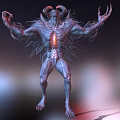 3D Rendered Mythical Demon Creature With Horned Head Glowing Chest And Outstretched Arms