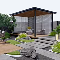 Serene Garden Design With Lawn Trees Purple Flowers Stone Steps Wooden Deck And Sofa Seats