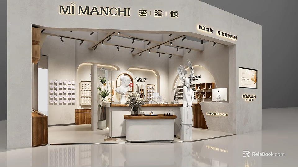 Elegant Exhibition Booth Interior Design Featuring Display Counter Decorative Plants And Shelves 3d model 