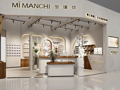 Elegant Exhibition Booth Interior Design Featuring Display Counter Decorative Plants And Shelves 3d model