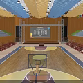 Spacious Basketball Gymnasium Interior With Wooden Floor Green Red Bleachers Scoreboard And Ceiling Lighting