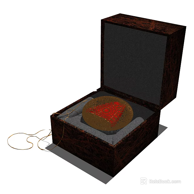 Open Dark Textured Box With Red Circular Ornament Gray Cushion String Decorative Set 3d model 