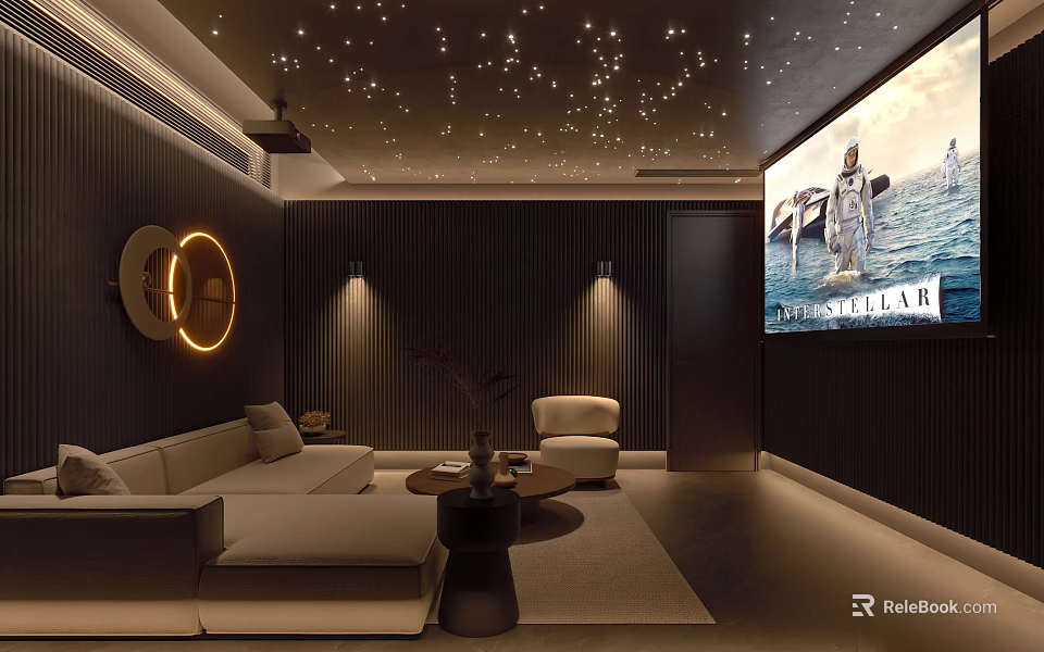 Modern Home Theater Room With Starry Ceiling And Comfortable Seating 3d model 