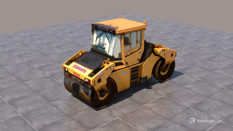 Yellow XCMG Road Roller With Double Drum And Cab On Concrete Ground 3d model 