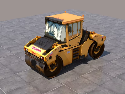 Yellow XCMG Road Roller With Double Drum And Cab On Concrete Ground 3d model
