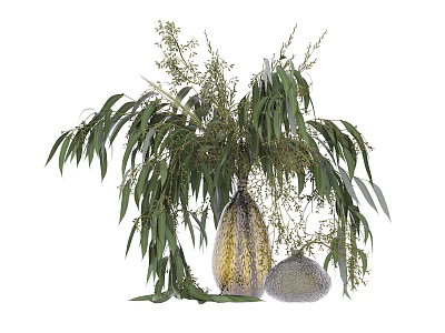Stylish Golden Glass Vase with Green Eucalyptus Branches and Decorative Pebble for Home Decor 3d model