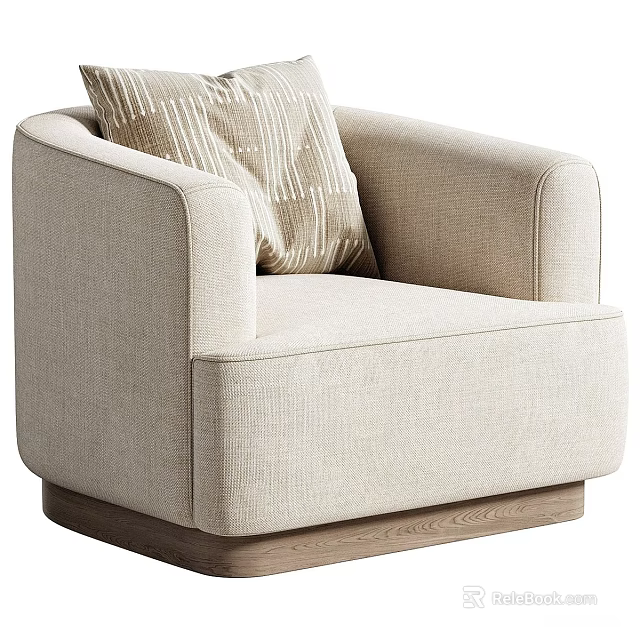 Modern Beige Upholstered Single Seater Sofa With Striped Cushion And Wooden Legs 3d model 
