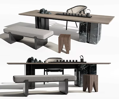 Elegant Modern Tea Table and Chairs Set With Marble Top Bench Stool and Tea Sets 3d model