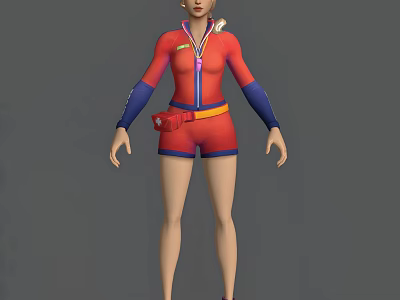 Woman In Red Jumpsuit With Blue Sleeves Orange Belt And Shorts 3d model