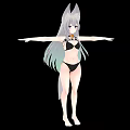 Woman With Fox Ears Tail Silver Gray Long Hair Black Bikini Arms Outstretched Black Background