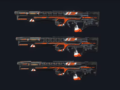 Futuristic Rifles with Black and Orange Intricate Patterns and Detailed Components 3d model