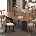 Modern Wooden Oval Dining Table Set With Six Upholstered Chairs And Decorative Vase