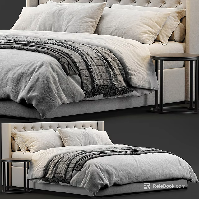 Elegant Modern Double Bed Interior With Soft Linen Bedding Pillows And Black Metal Nightstand 3d model 