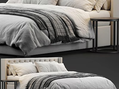 Elegant Modern Double Bed Interior With Soft Linen Bedding Pillows And Black Metal Nightstand 3d model