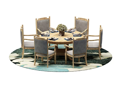 Round Dining Table Set With Wooden Chairs Grey Cushions And Flower Centerpiece On Patterned Rug 3d model