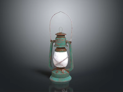 Vintage Green Kerosene Lamp With Metal Frame And Glass Shade 3d model