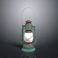 Vintage Green Kerosene Lamp With Metal Frame And Glass Shade