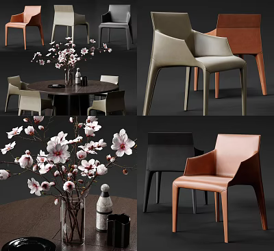 Round Dining Table Set With Modern Chairs And White Pink Blossom Vase 3d model