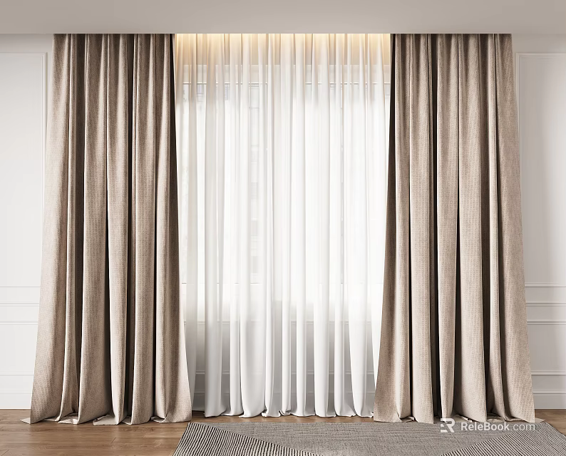 Layered Beige Curtains With White Sheer Panels Allowing Natural Light In Window Interior 3d model 