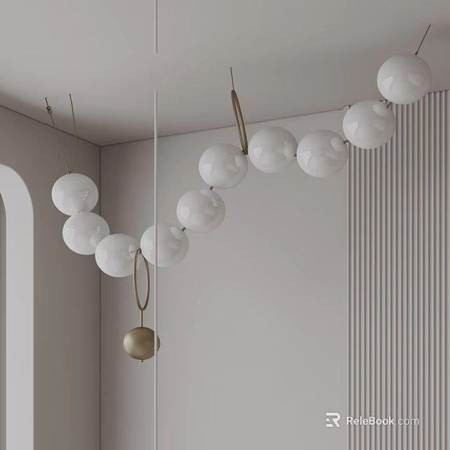 Modern White Sphere Chandelier with Gold Accents in Minimalist Interior Design 3d model 