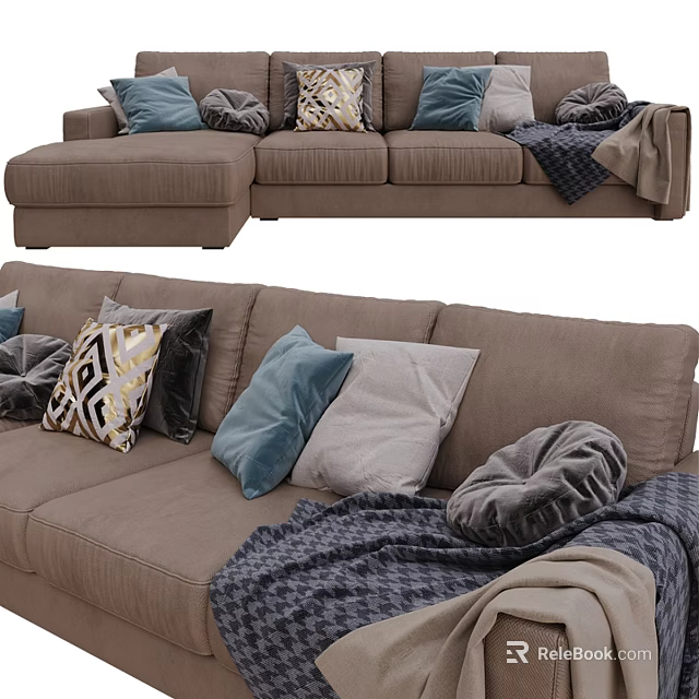 Brown Double Sofa With Soft Fabric Colorful Patterned Pillows And Cozy Blanket 3d model