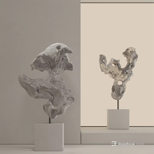 Stone Wood Unique Sculptures with Artistic Shapes on White Pedestals 3d model 