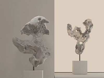 Stone Wood Unique Sculptures with Artistic Shapes on White Pedestals 3d model