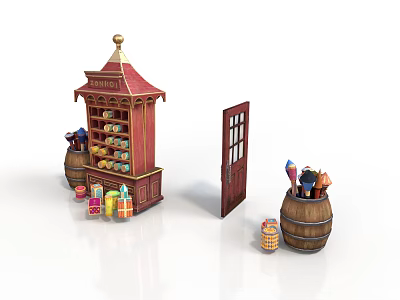 Red Wooden Kiosk with Gabled Roof Open Door and Colorful Packages Alongside Barrels 3d model