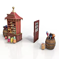 Red Wooden Kiosk with Gabled Roof Open Door and Colorful Packages Alongside Barrels