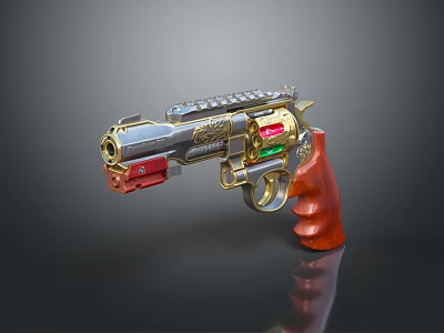 Decorative Revolver With Gold Silver Accents Red Green Details And Carved Wooden Grip 3d model