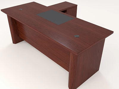 L Shaped Wooden Office Desk With Dark Brown Finish And Black Desktop Panel 3d model