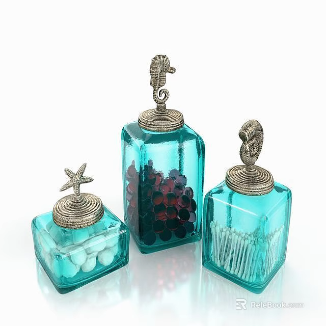 Turquoise Glass Jars With Seahorse Starfish Lids And Decorative Contents 3d model 