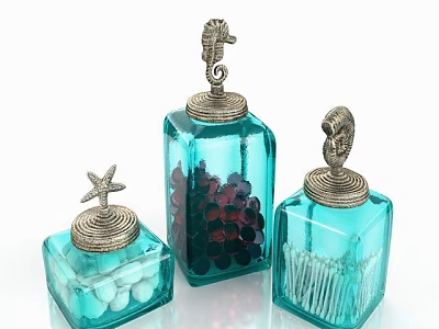 Turquoise Glass Jars With Seahorse Starfish Lids And Decorative Contents 3d model