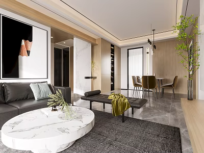 Modern Living Dining Room Interior With Gray Sofa White Marble Coffee Table And Green Plant 3d model